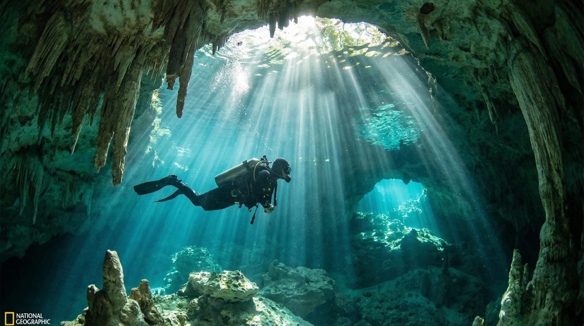 Diver swimming through a sunlit cenote cavern in Mexico's Riviera Maya